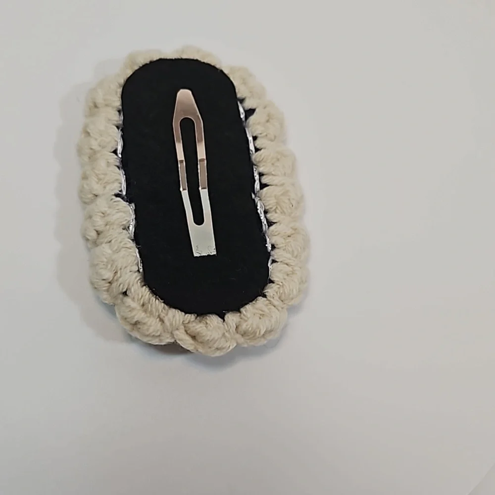Hand Crafted Hand Knit Crochet Hair Clip Handmade Navy Blue  embroidered flower